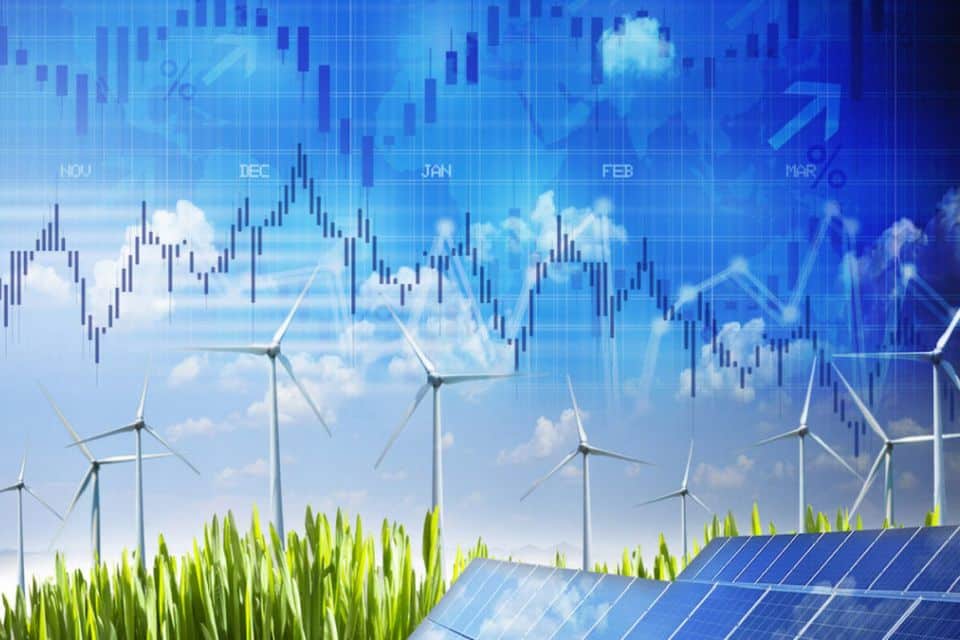 Bild von Windturbinen und Solarmodulen auf einer grünen Wiese mit einem Börsenchart und Grafiken vor einem blauen Himmel im Hintergrund, das die Abkehr von herkömmlichen Erdgasoptionen hin zu nachhaltigen Stromtarifen verdeutlicht.